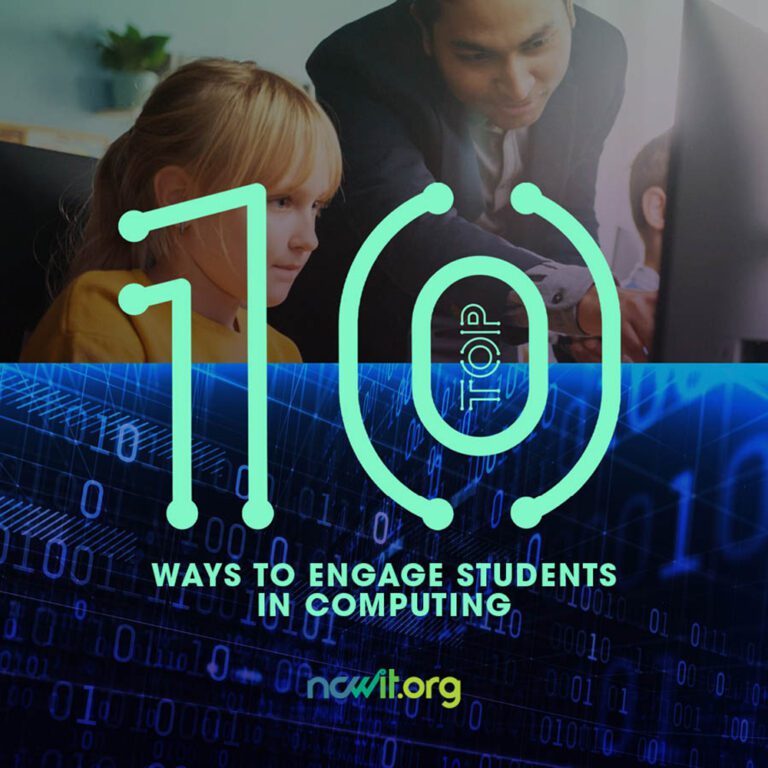 A thumbnail for the resource featuring an educator instructing students over an abstract binary code graphic and the text, "Top 10 Ways to Engage Students in Computing"
