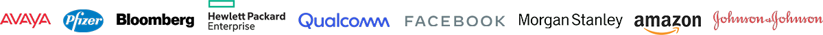 Investment Partners Logos. Avaya, PFizer, Bloomberg, Hewlett Packard Enterprise, Qualcomm, Facebook, Morgan Stanley, Amazon, Johnson and Johnson.