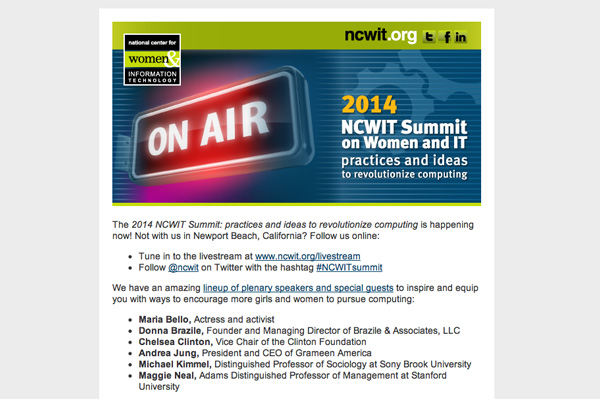 We're on the air! Join us online for the 2014 NCWIT Summit