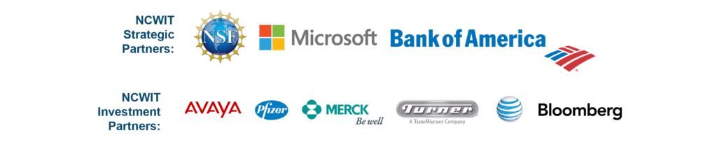 NCWIT Strategic Partners logos: NSF logo, Microsoft logo, Bank of America logo. Second line is NCWIT Investment Partners, Avaya logo, Pfizer logo, Merck logo, Turner logo