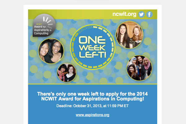 One Week Left to Apply for the 2014 NCWIT Award for Aspirations in Computing
