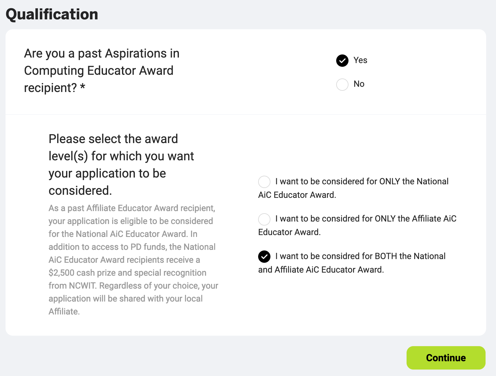 Screenshot of the 2023 AiC Educator Award Application section for qualifications to select award levels