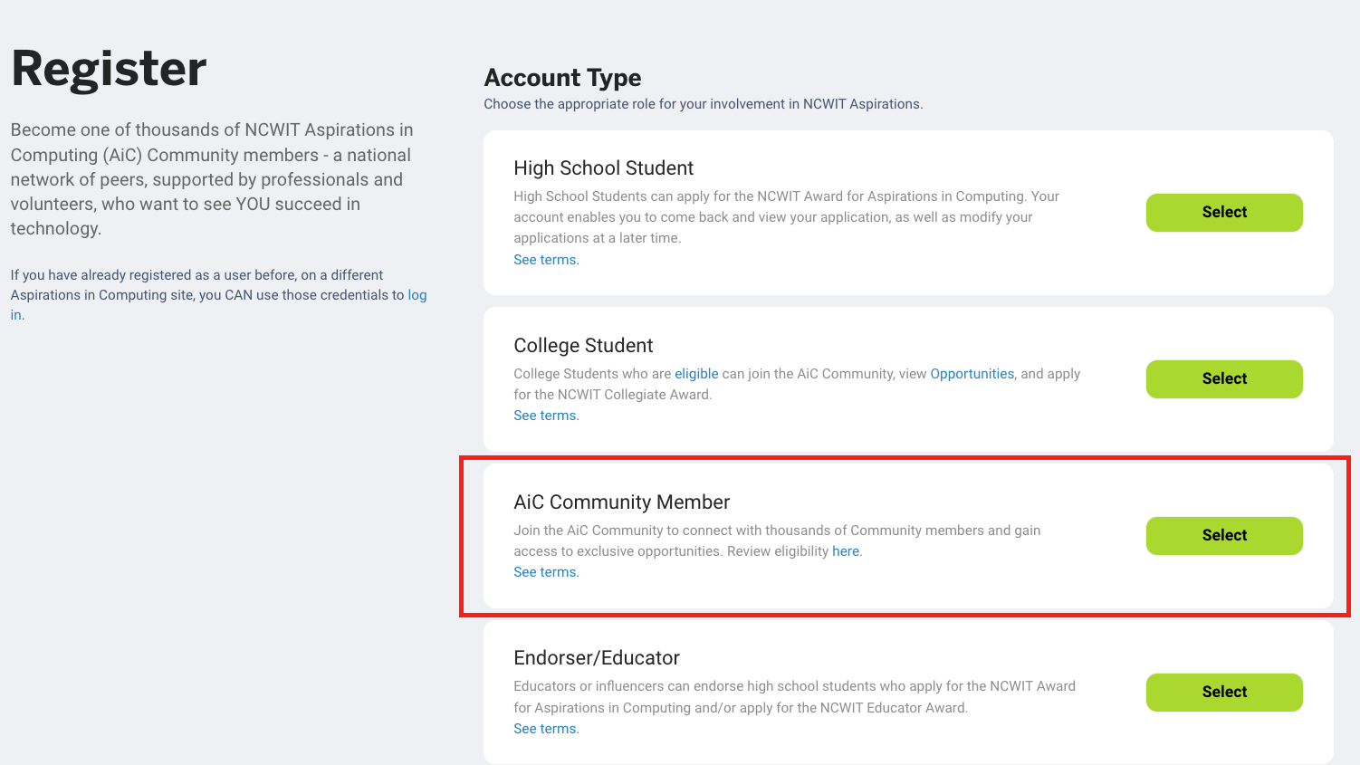 Screenshot of the registration page where you select your account type with the AiC Community Member option outlined with a red rectangle. 