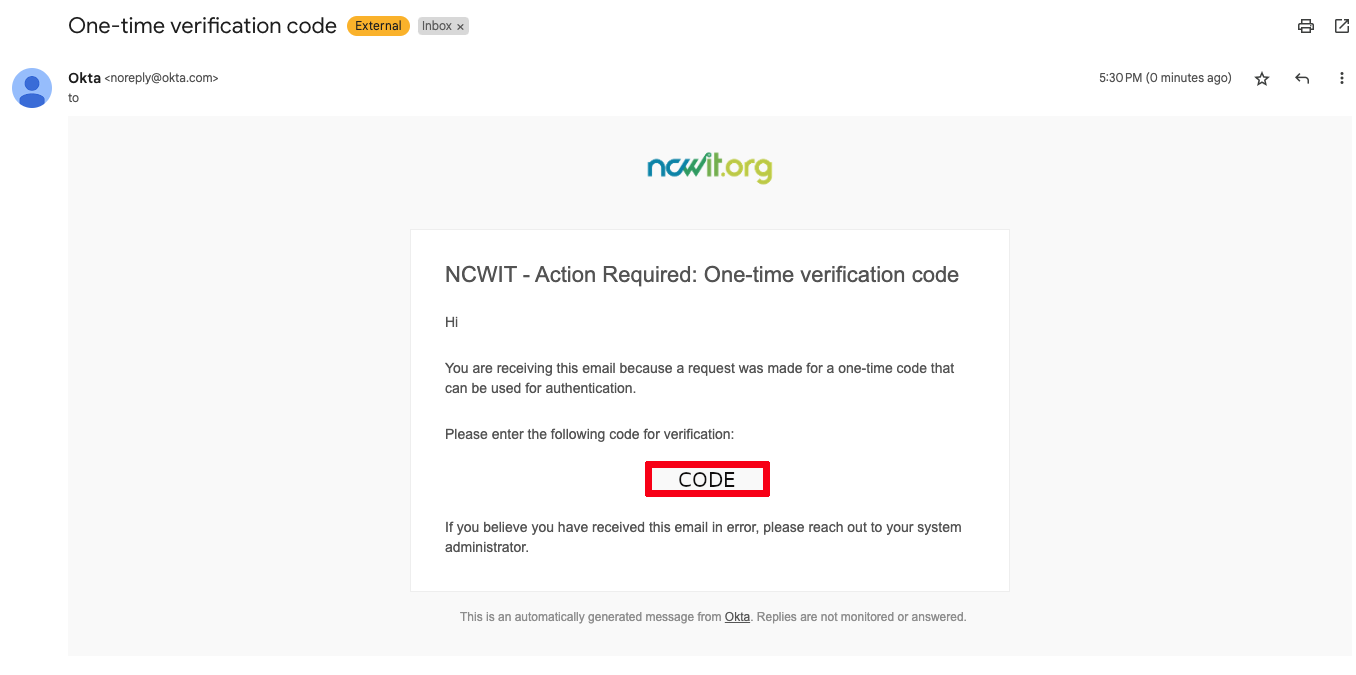 Screenshot of the email from NCWIT's identity management system with the code location outlined by a red rectangle. 