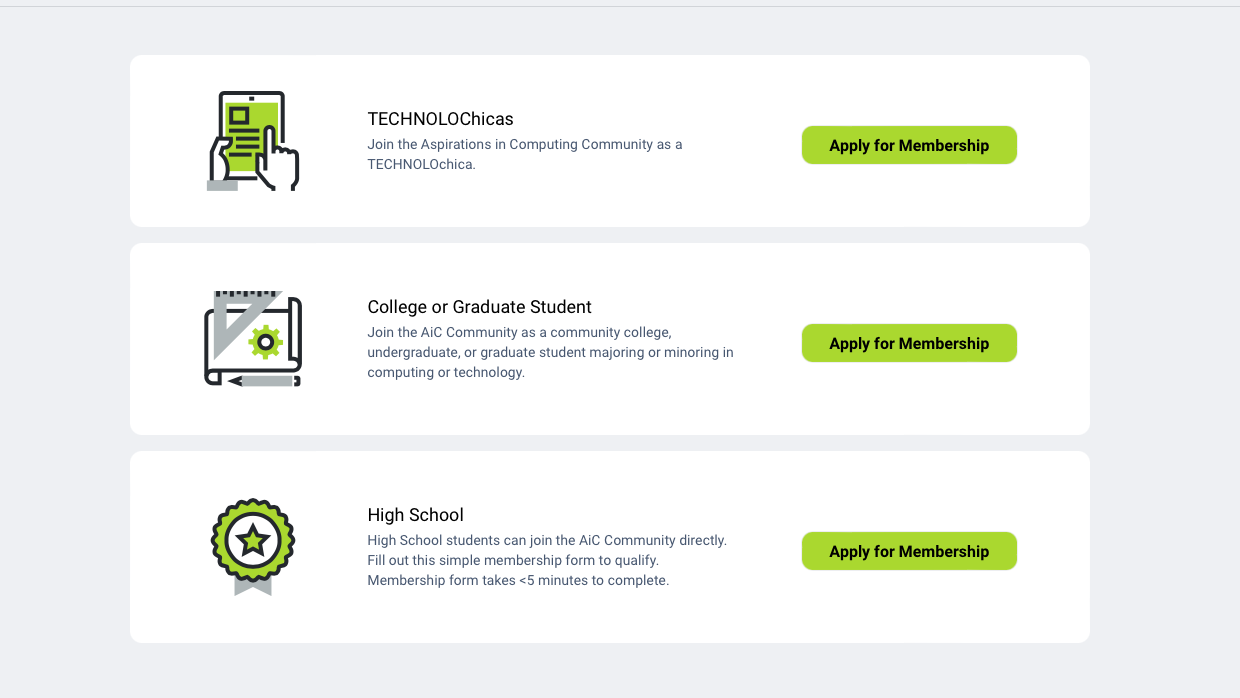 Screenshot of the pathway selection portion of the portal where users can join as a High School student, college or graduate student, or as a TECHNOLOchicas Ambassador. 