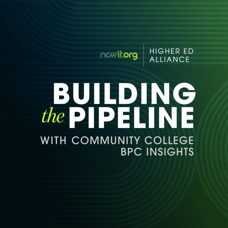 Green design featuring the ncwit.org | Higher Ed Alliance logo and text: "Building the Pipeline with Community College BPC Insights"