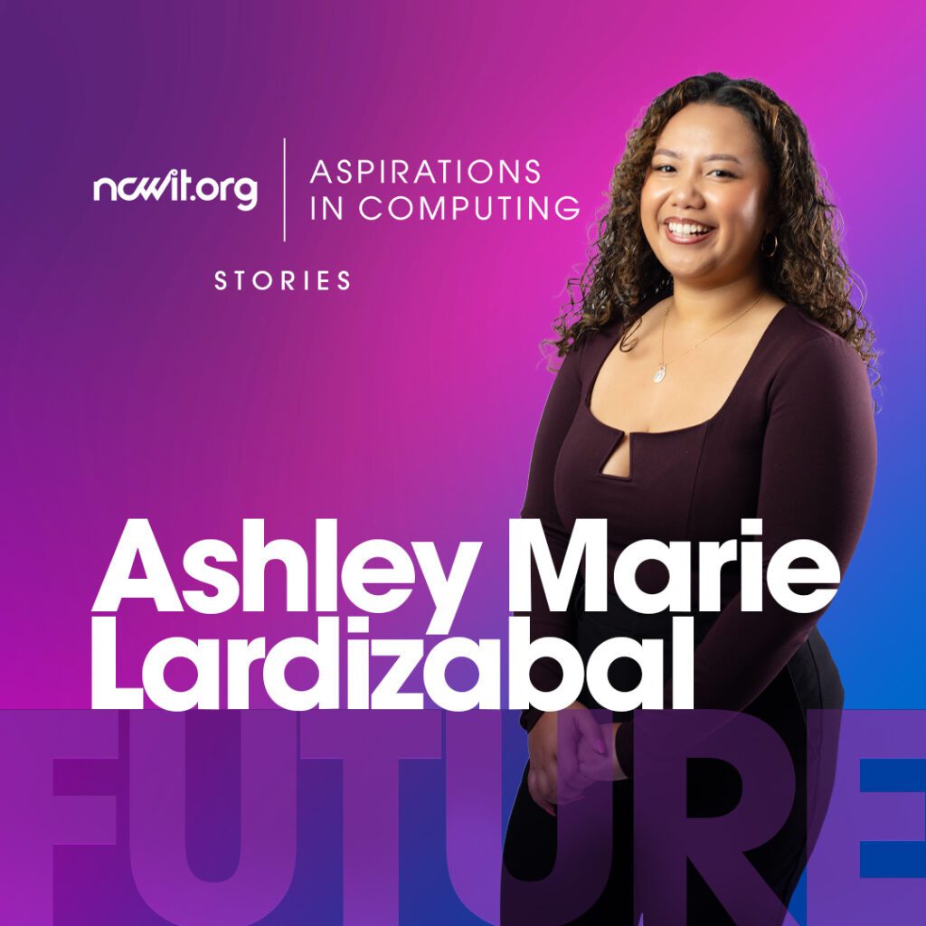 A design promoting AiC Stories ambassador Ashley Marie Lardizabal, includes a photo of Ashley Marie smiling at the camera in a purple blouse in front of a purple gradient