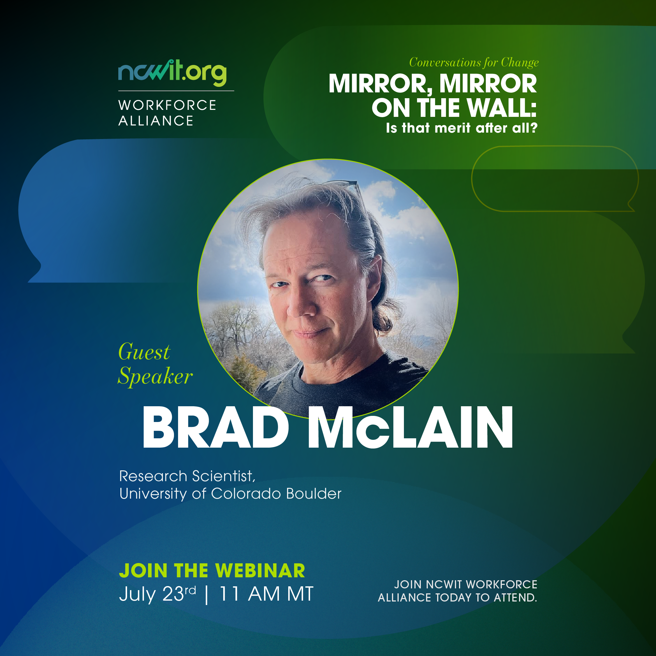 A green and blue graphic including event details and Brad McLains photo