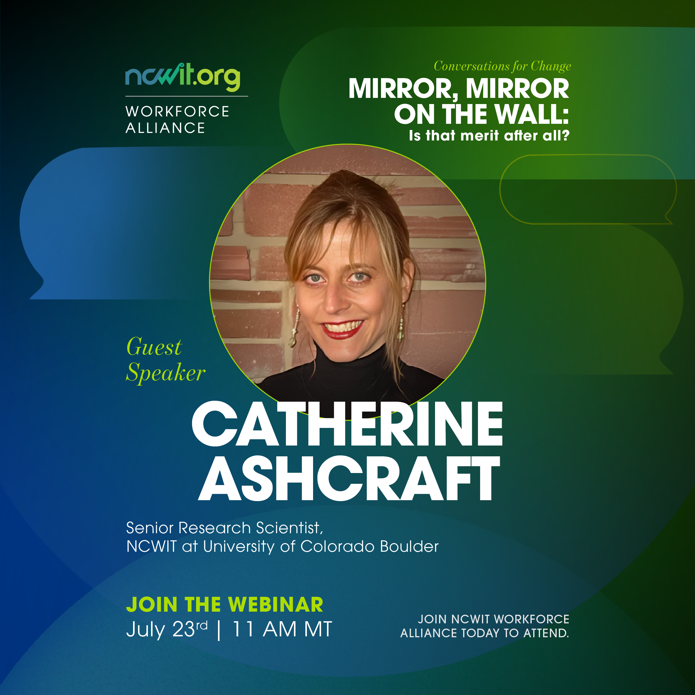 A green and blue graphic including event details and Catherine Ashcrafts photo