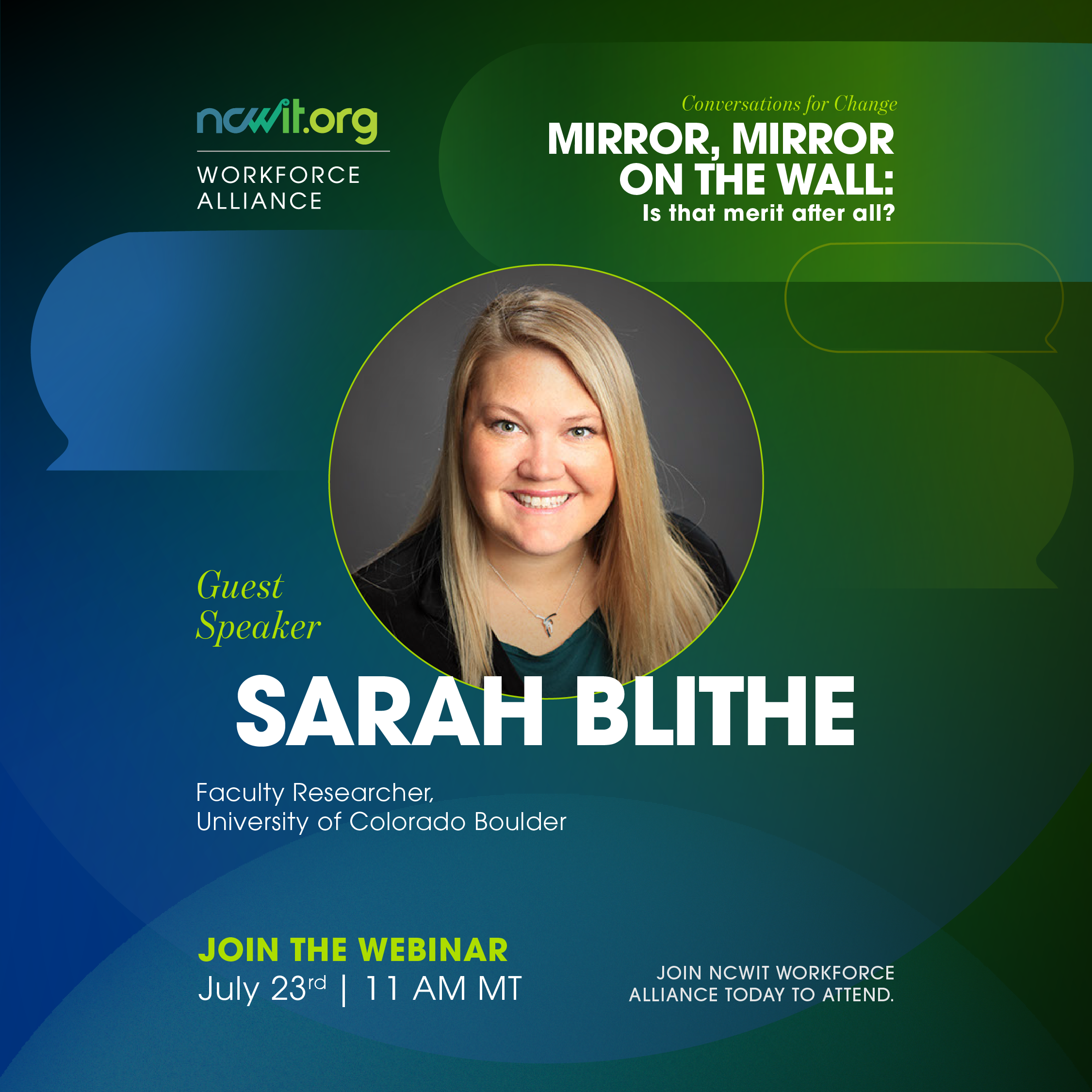 A green and blue graphic including event details and Sarah Blithes photo