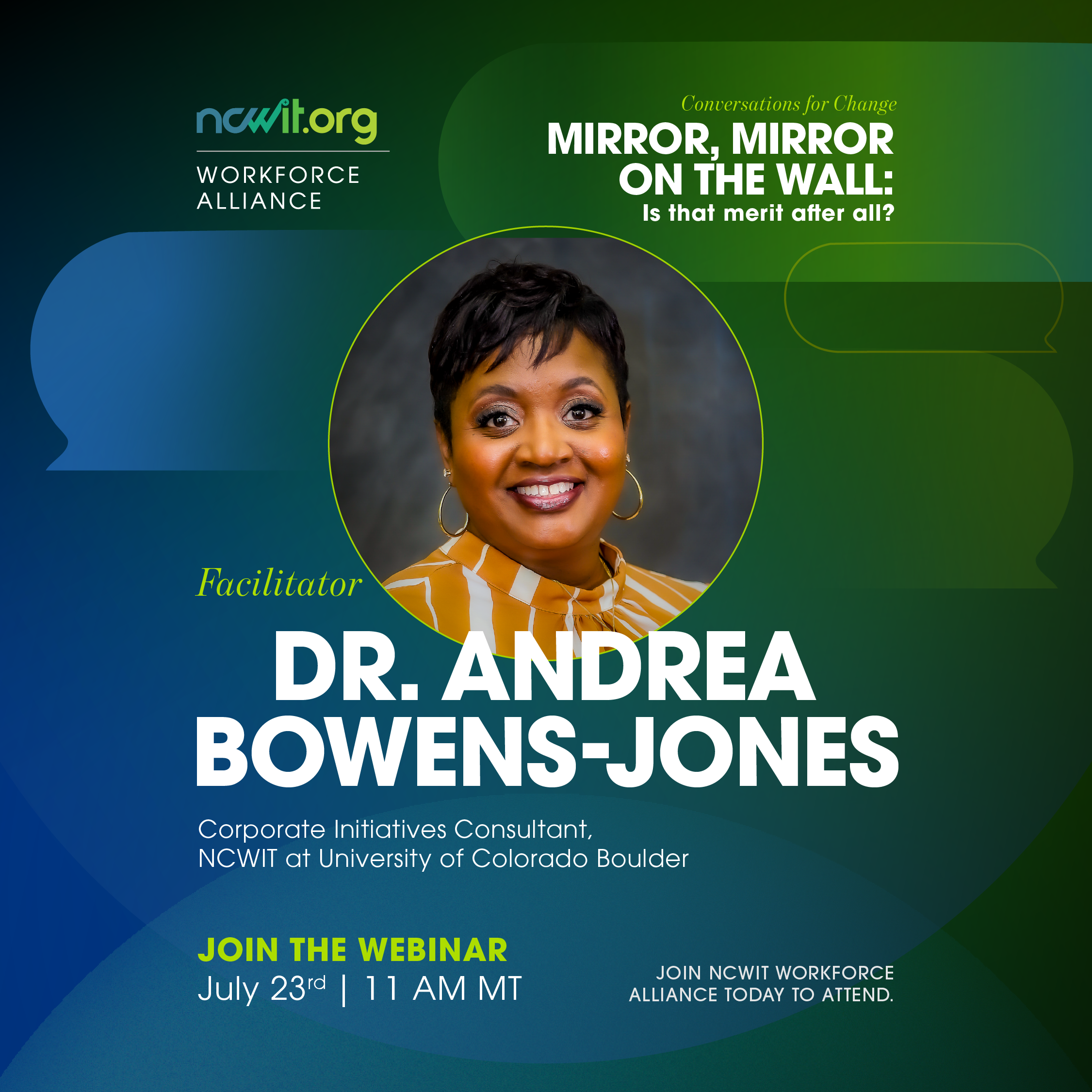 A green and blue graphic including event details and Andrea Bowens-Jones photo