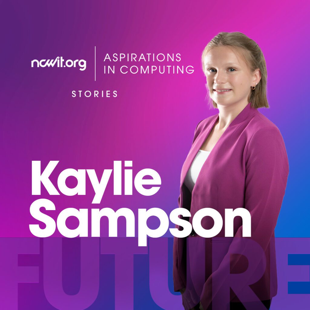 A design promoting AiC Stories ambassador Kaylie Sampson smiling at the camera in a white blouse and purple blouse in front of a purple gradient