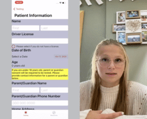 Split image of Kaylie (R), in a white sweater and clear sunglasses, presenting her app online (L) from an independent study course with her programming teacher Mr. Fogarty
