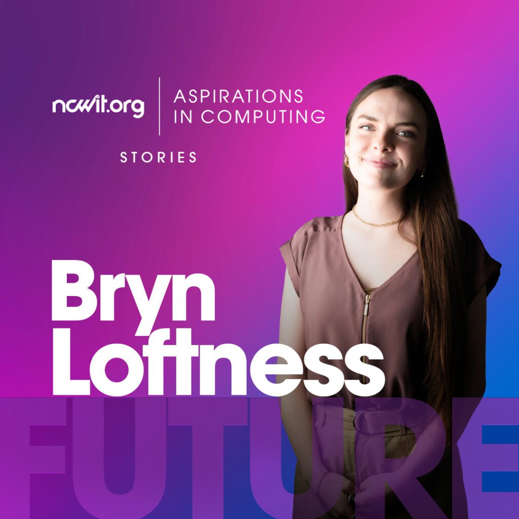 A design promoting AiC Stories ambassador Bryn Loftness smiling at the camera in a mauve blouse and gold jewelry in front of a purple gradient