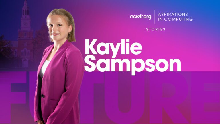 A design promoting AiC Stories ambassador Kaylie Sampson, includes a photo of Kaylie smiling at the camera in a pink blazer in front of a purple gradient
