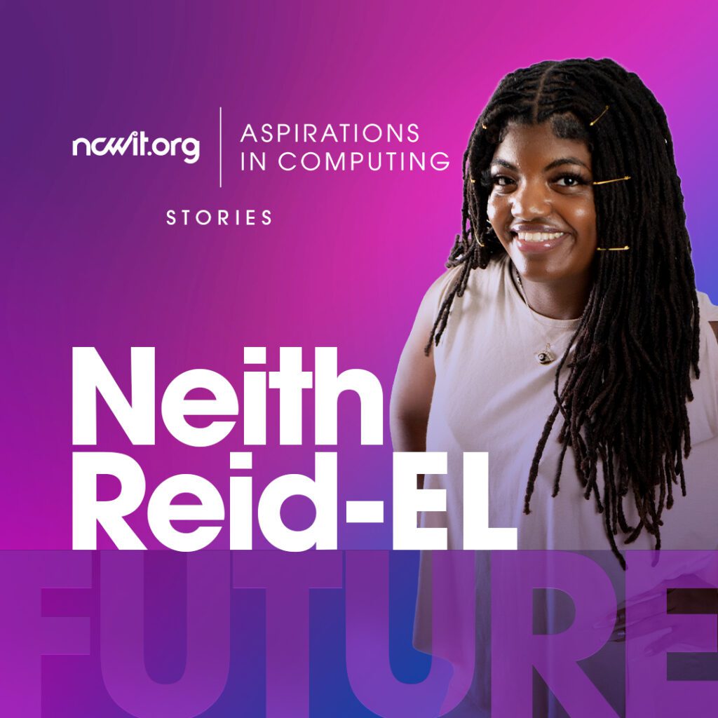 A design promoting AiC Stories ambassador Neith Reid-EL smiling at the camera in a blush blouse with gold clips in her locs in front a purple gradient