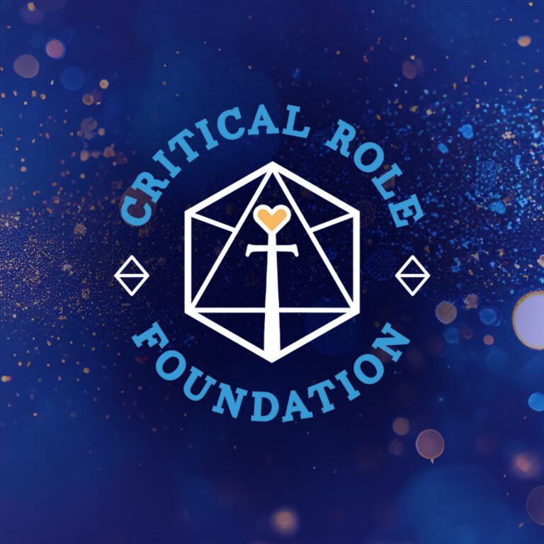 An abstract, background with blue, purple and pink dots with the Critical Role Foundation logo overlaid.
