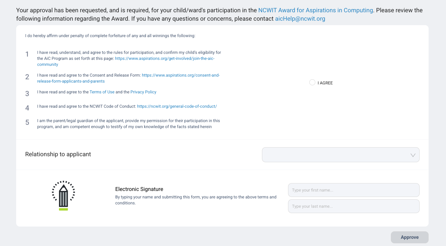 Screenshot of online parent approval form. Parents/guardians are prompted to affirm they approve their teen's participation in the Aspirations in Computing program after reviewing the consent documentation.