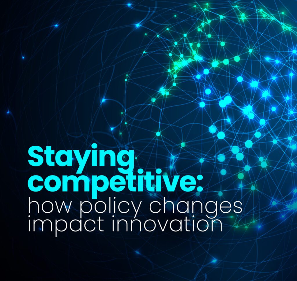 A tile with an abstract image of a globe with network connected overlay and the text, "Staying Competitive: how policy changes impact innovation"