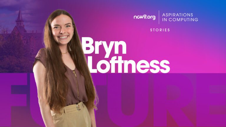 A design promoting AiC Stories ambassador Bryn Loftness smiling at the camera in a mauve blouse and gold jewelry in front of a purple gradient