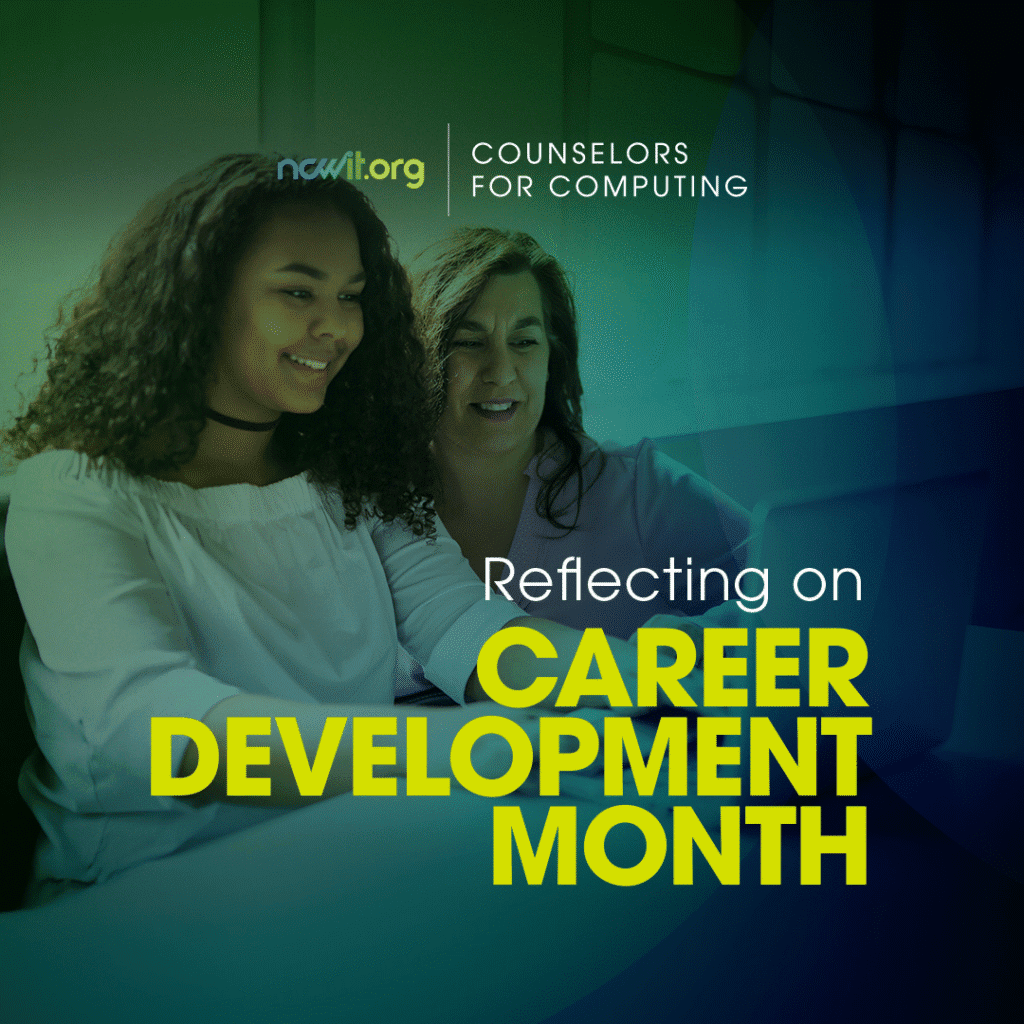 A blue green tile featuring two young women sitting at a computing with the text "Reflecting on Career Development Month"