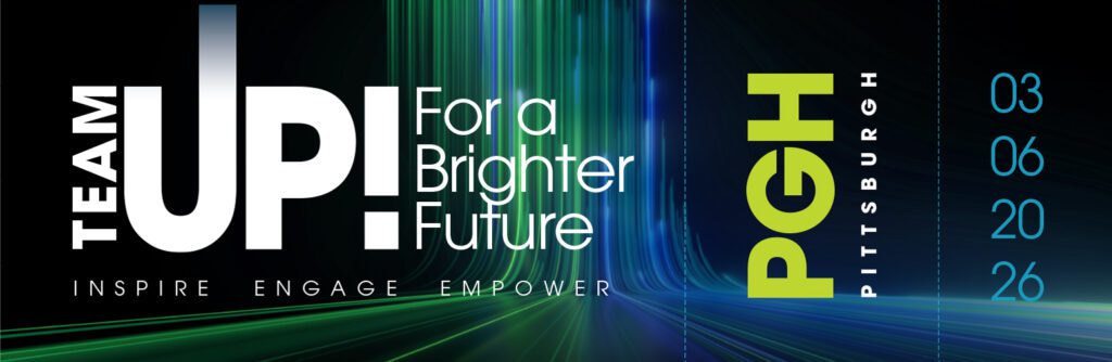 A green to blue gradient of lines or wires climbing up a wall with the text "Team Up for a Brighter Future: PGH"