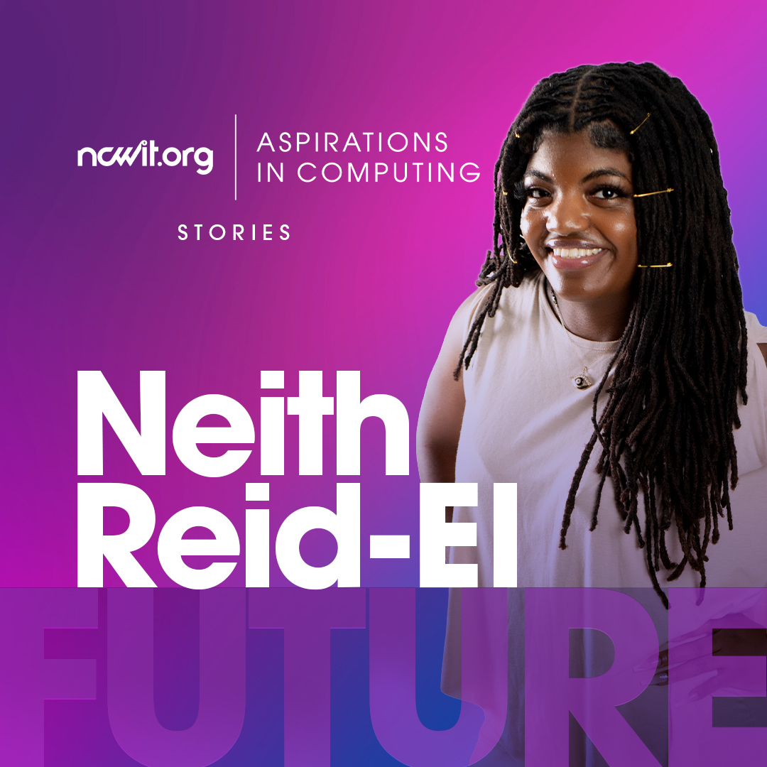 A design promoting AiC Stories Ambassador Neith Reid-El, includes a photo of Neith smiling at the camera in front of a stylized purple gradient