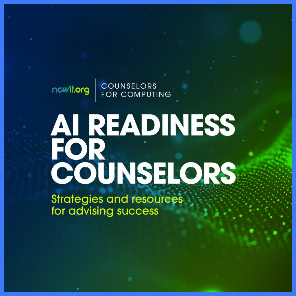 A square tile with a blue to green gradient that reads "AI Readiness for Counselors: Strategies and Resources for Advising Success"