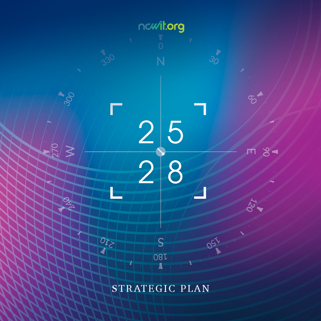 A pink to blue gradient with a compass superimposed and the text "25-28 Strategic Plan"