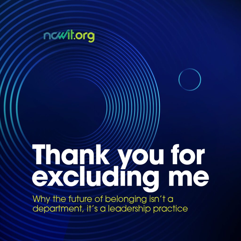 A blue tile with rippling circles and one circle separated, by itself and the text, "Thank you for excluding me: why the future of belonging isn't a department, it's a leadership practice"