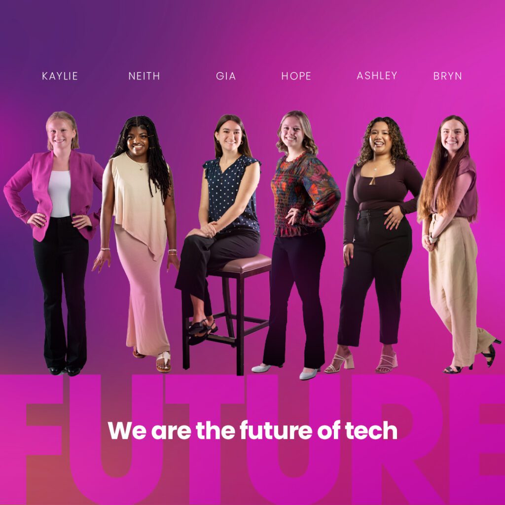 A design promoting the second cohort of AiC Stories Ambassadors—(L to R): Kaylie Sampson, smiling in a pink blazer with her hands on her hips; Neith Reid-EL smiling with long locs; Gia Ramos smiling while sitting in a chair; Hope Chambers in a floral blouse, smiling with her hand on her hip; Ashley Marie Lardizabal smiling with her hand on her hip; and Bryn Loftness on the end smiling with her hands in front of her waist in beige slacks—and text: "We are the future of tech"