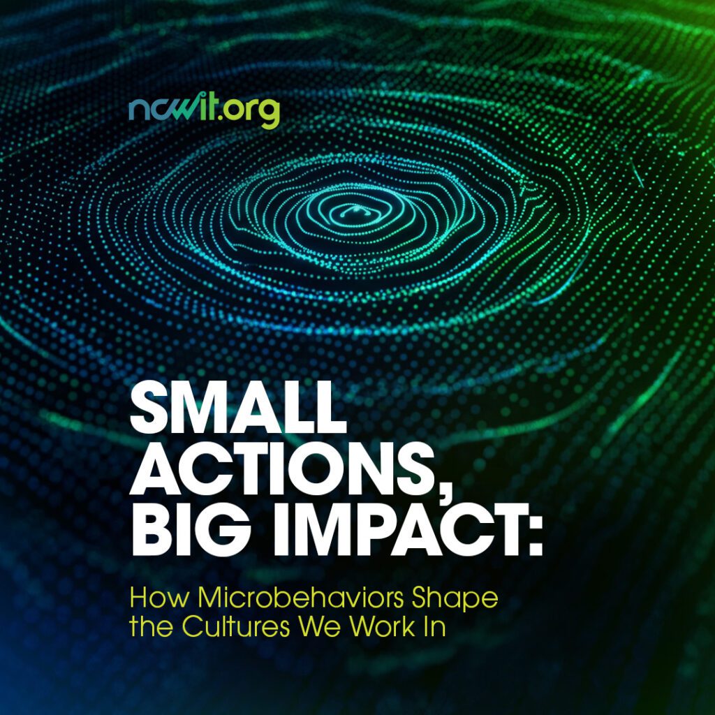 A ripple effect in blue-green gradient with the words "Small Actions, Big Impact: How Microbehaviors Shape the Cultures We Work In"