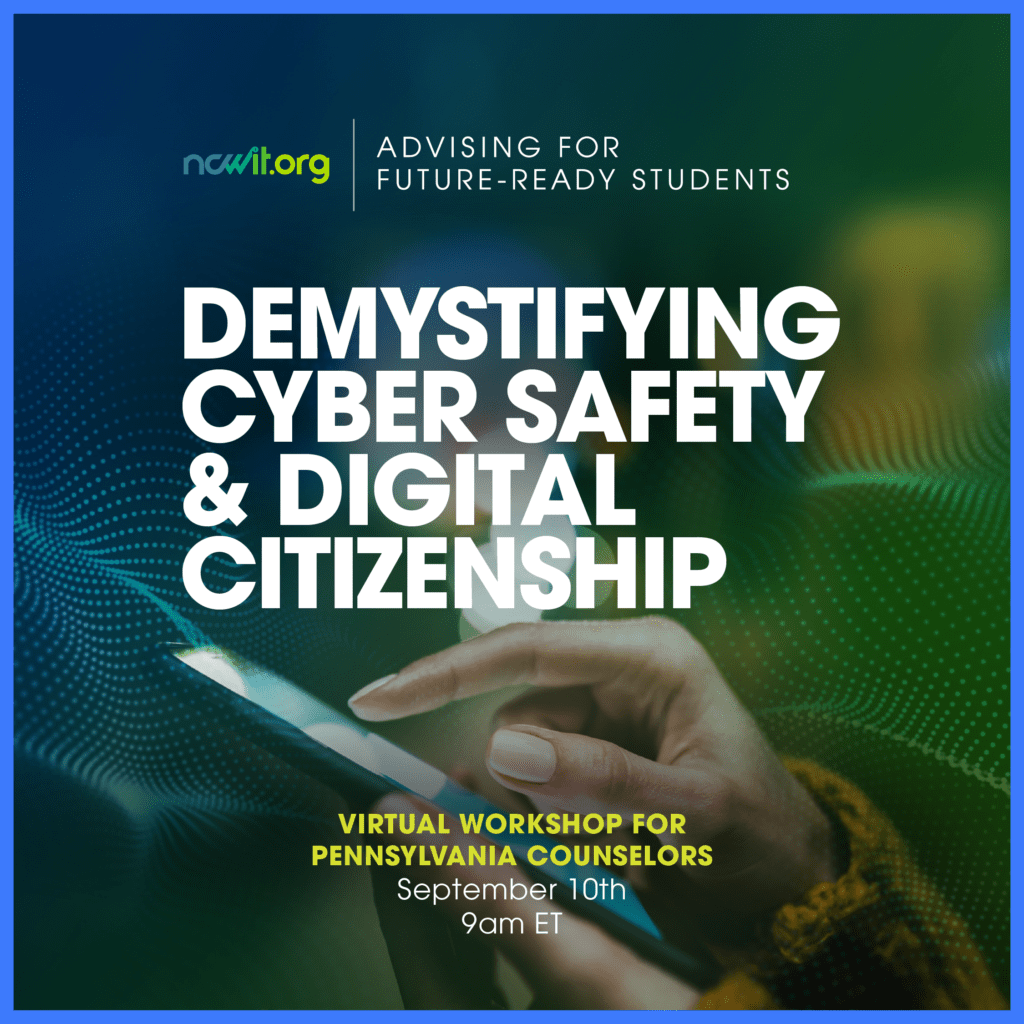 Blue-green gradient with text that reads "Demystifying Cyber Safety & Digital Citizenship"